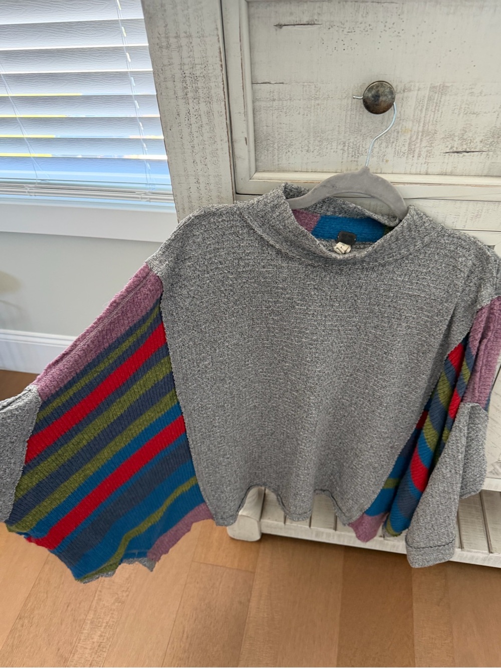 Free People Gray Crewneck Sweater with Multicolor Striped Balloon Sleeves